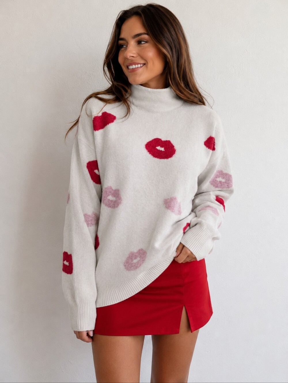 LOFT Cream Turtleneck Sweater with Pink & Red Lip Motif